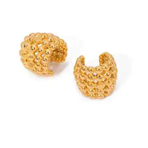 New Hot 18k Gold Plated Stainless Steel Cuff Earrings Hypoallergenic French Hyperbole Fan Bead Ear Clip Elegant Lady Jewelry