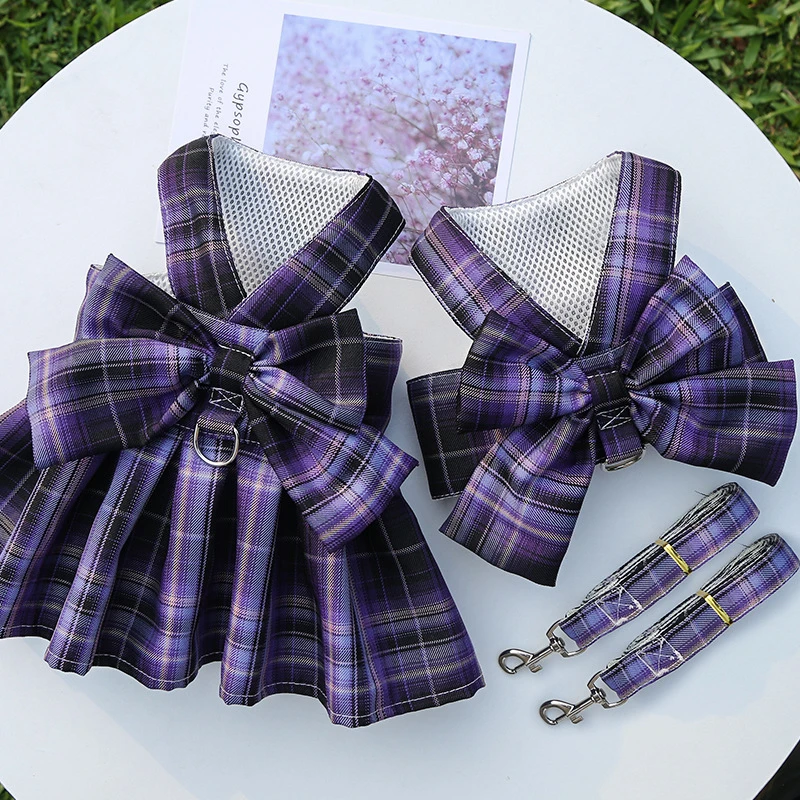 Pet Suppplies | Cute Princess Plaid Bow Skirt Adjustable Dog Harness L ...