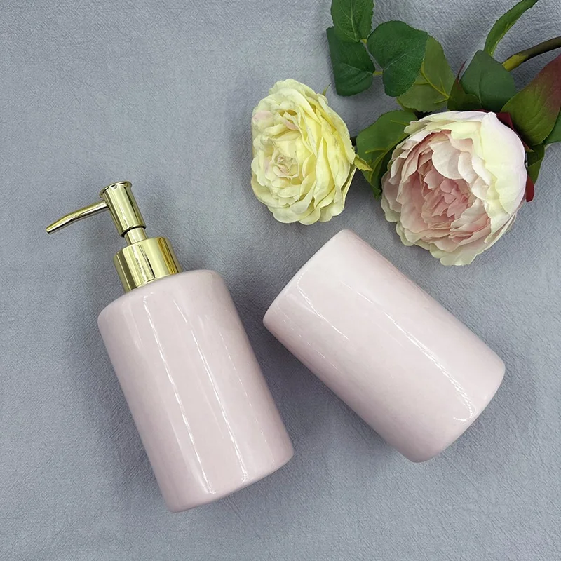 Stock 2pcs Modern ceramic bathroom set pink color with golden S/S pump soap dispenser for the romantic valentines Gift to her