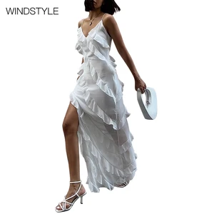 Long Satin Patchwork Ruffled Strap Breathable Slim Summer Casual Knee-Length Sexy Split Design for Day OEM Service Available