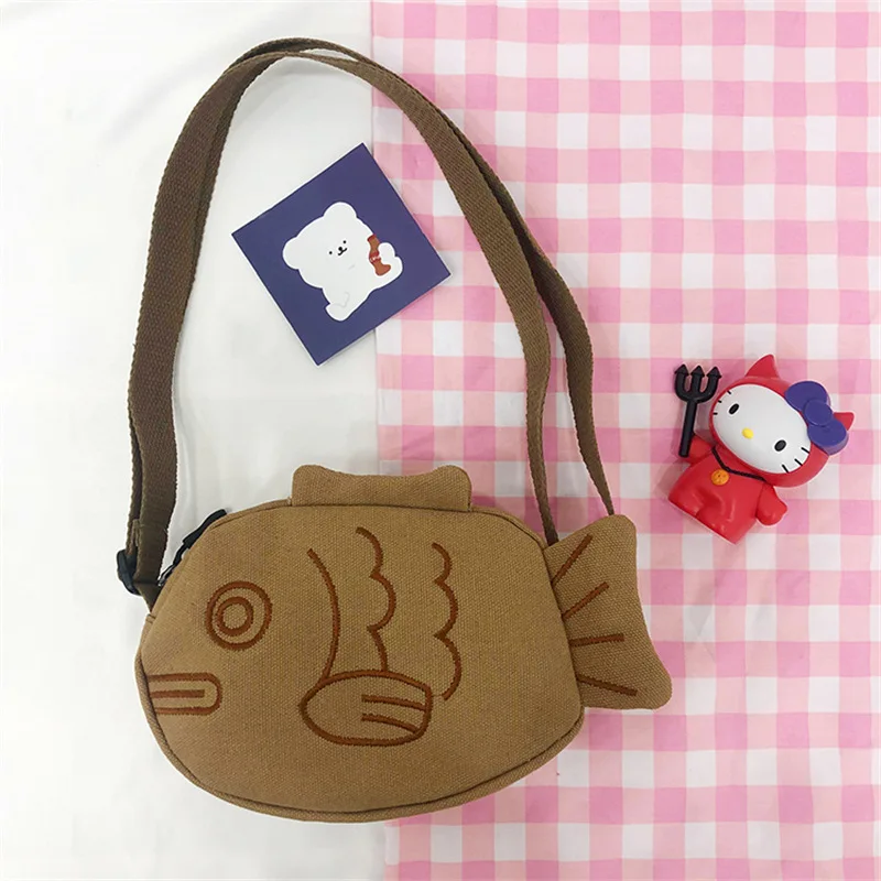 2024 Japanese Creative Soft Canvas Messenger Bag for Girls Cute Cartoon Embroidered Small Fish Stone Pattern Ugly Cute Handbag
