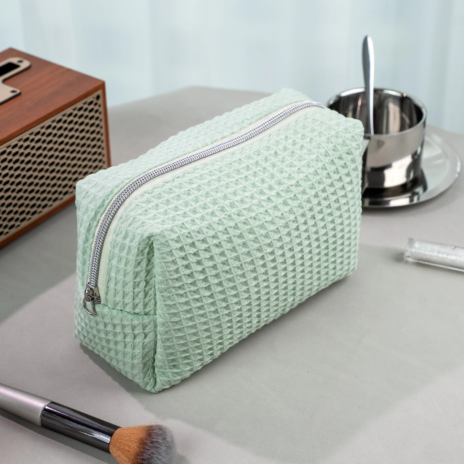 Simple Waffle Cosmetic Bag Large Capacity Makeup Skincare Wash Bag for Travel Storage Bag