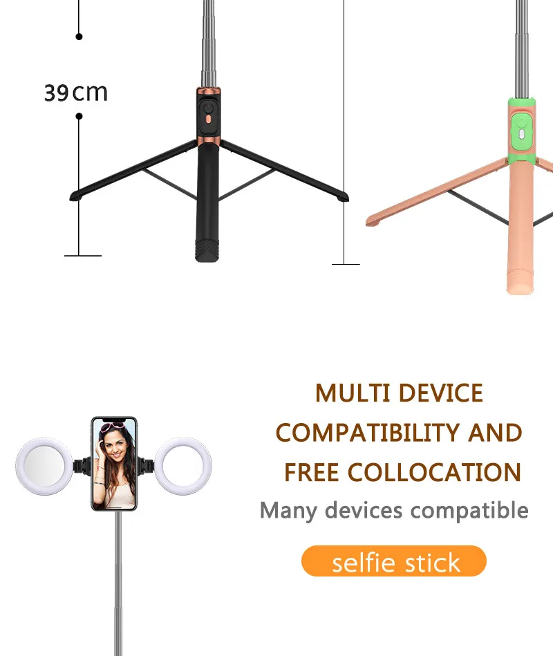 Extendable Wireless Remote Control BT Selfie-Stick 360 Flexible Live Tripod Stand Mini Phone Camera Selfie Stick With Ring Light