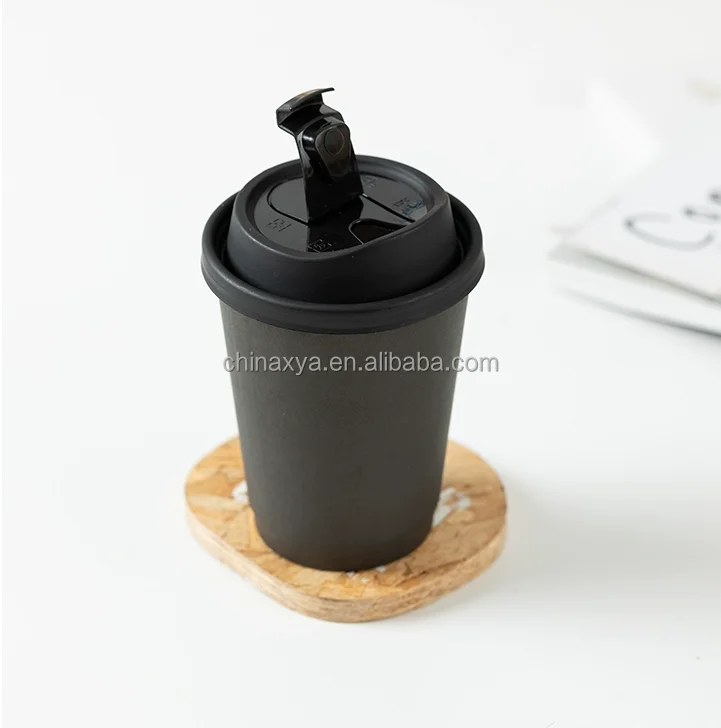 8oz 10oz 12oz disposable double wall gold foil stamping custom logo all black hot coffee paper cup with PS lid details