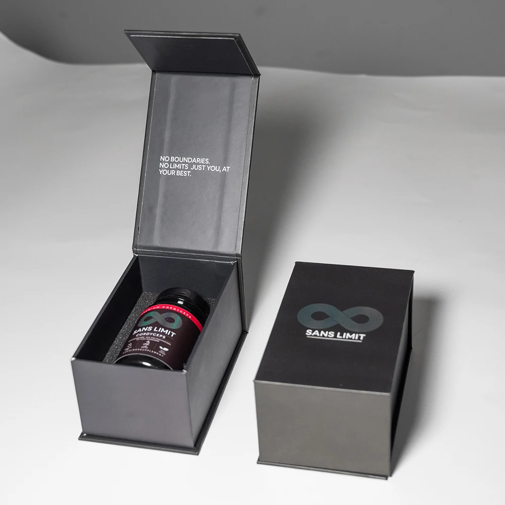 Caixa de Produtos de Saúde Magnética Preta de Alta Qualidade com Impressão a Laser, Logotipo Personalizado e Encaixe de Espuma em Formato de Livro