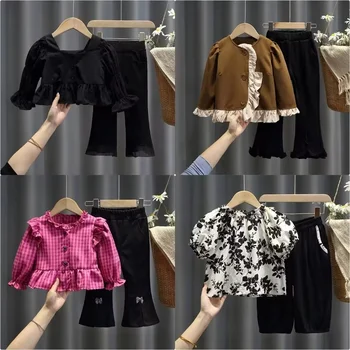 Girls 2 Piece Outfits Twist Front Puff Sleeve Tops Spilt Flared Pants Rib-Knit Sweatsuits Fall Winter Clothes Sets