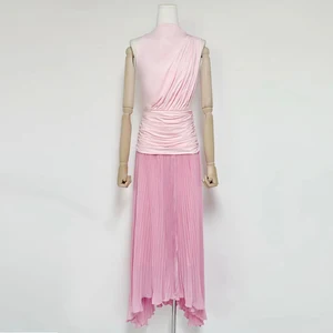 Factory Wholesale Designer Fashion Long Dress Women Spring Summer Pink Sleeveless Pleated Draped Socialite Parties Office