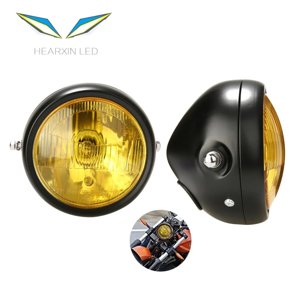 6.5 Round Yellow Glass Motorcycle Headlight + Side Brackets +