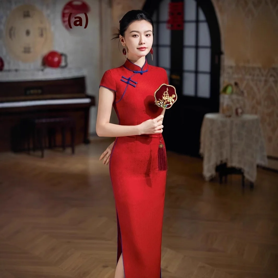open lace back dress Red Chinese Wedding Dress, Red Qipao Prom Dress, Wedding Qipao Dress Wine Red / L main image 0
