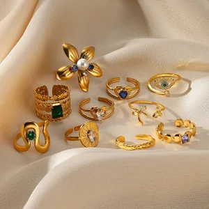 MW Women's Fashion Stainless Steel 18K Gold Plated Flower Ring Sapphire Emerald Zircon Heart Ring Wedding Jewelry Gift