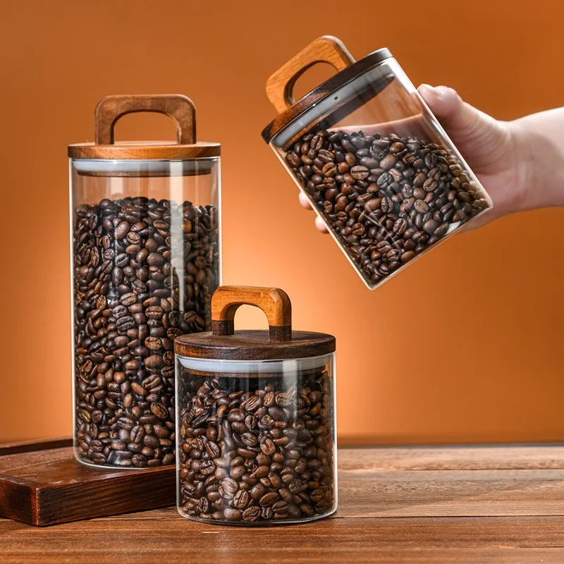 High Borosilicate Glass Jar with Wooden Lid and Handle 1000ml Capacity for Food Coffee Bean Candy Condiments Storage