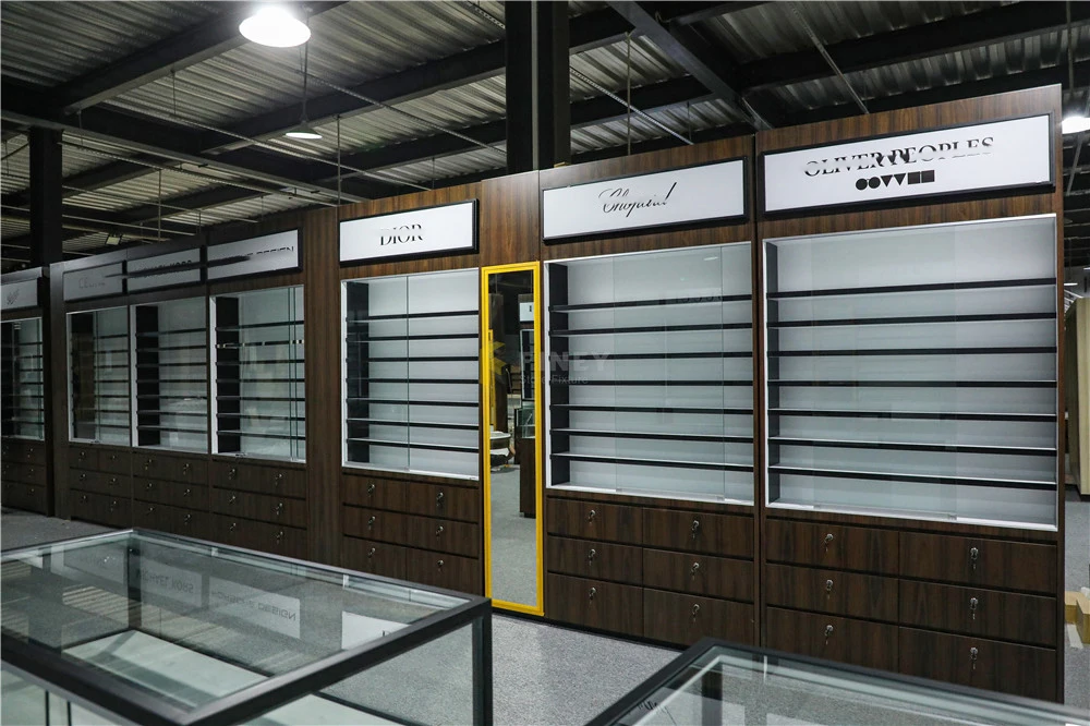 Modern Retail Optical Shop Interior Design Decoration Counter Optical Display Showcase Furniture Wooden Sunglasses Display