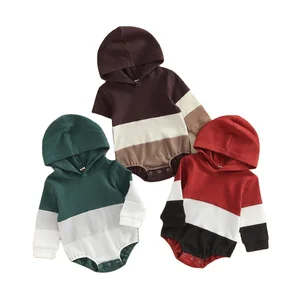 2022 Autumn Newborn Romper 3 Colors 0-24M Long Sleeve Patchwork Waffle Hooded Button Baby Boys Jumpsuits