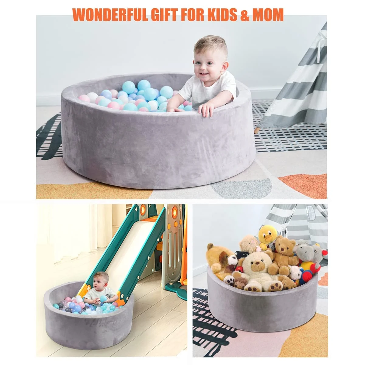 Детский подарок SUNNUO, органайзер для хранения игрушек в помещении и на улице, мягкая круглая пенопластовая шариковая яма для малышей, мальчиков и девочек с горкой