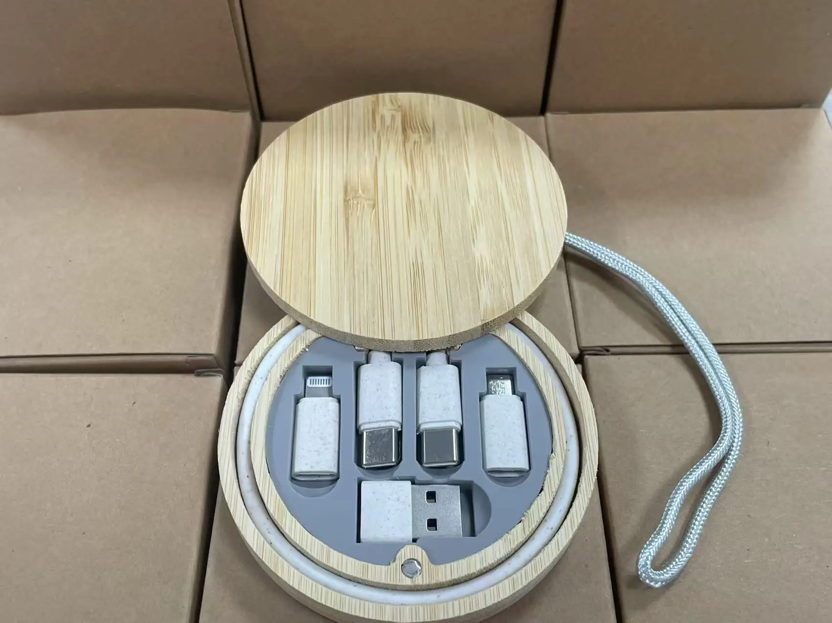 Customizable Logo Wheat Straw Charging Cable Polished Bamboo Storage Box Handle for Portable Device Power Transfer-Promotional preview 5