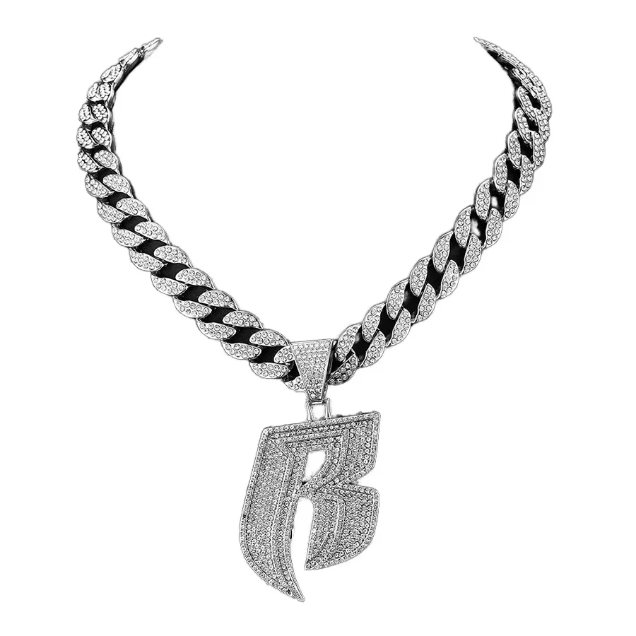 15MM Iced Out Miami Chain With Alloy and Bling Rhinestone Punk B Letter Pendant Necklace