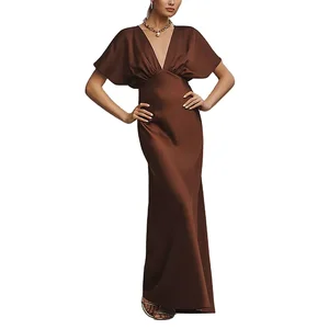 Summer V-Neck High Quality Fabric Evening Dress Women's Maxi Unique Cap Sleeves Prom Dress Customized