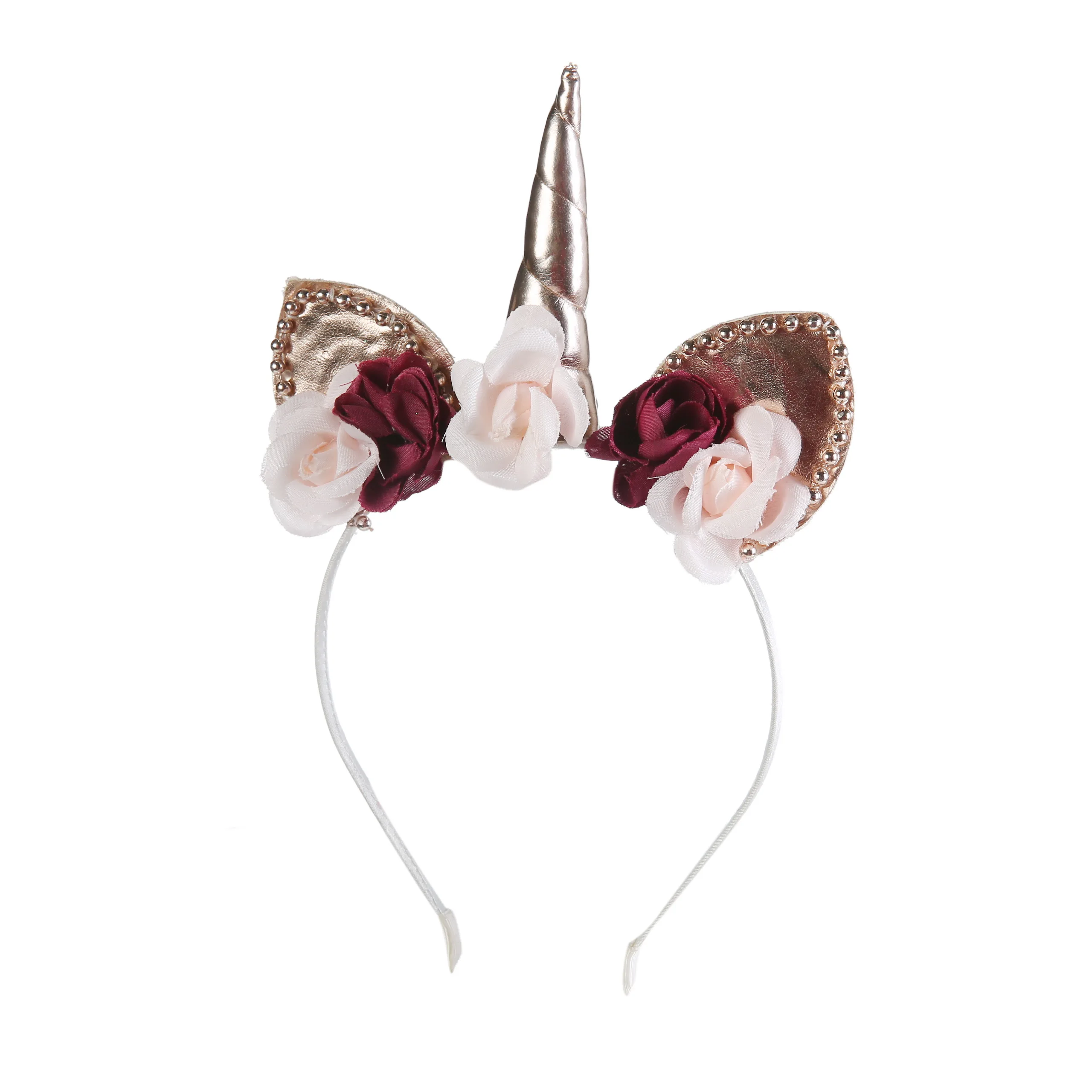 Handmade rose gold unicorn fox ears with pearls hairband artificial flower headband