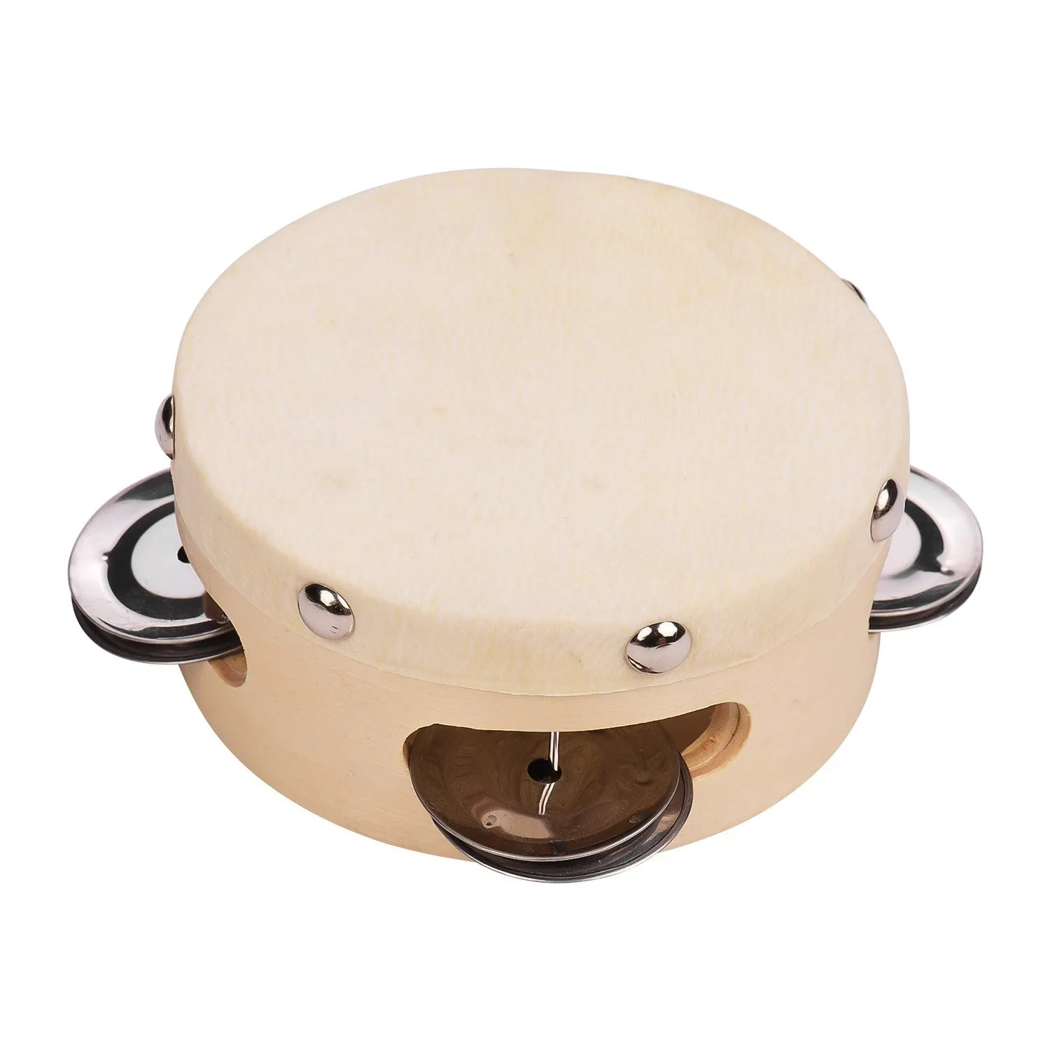 4 Inch Hand Tambourine With Metal Single Row Jingles Sheepskin Drum Skin Wooden Tambourines