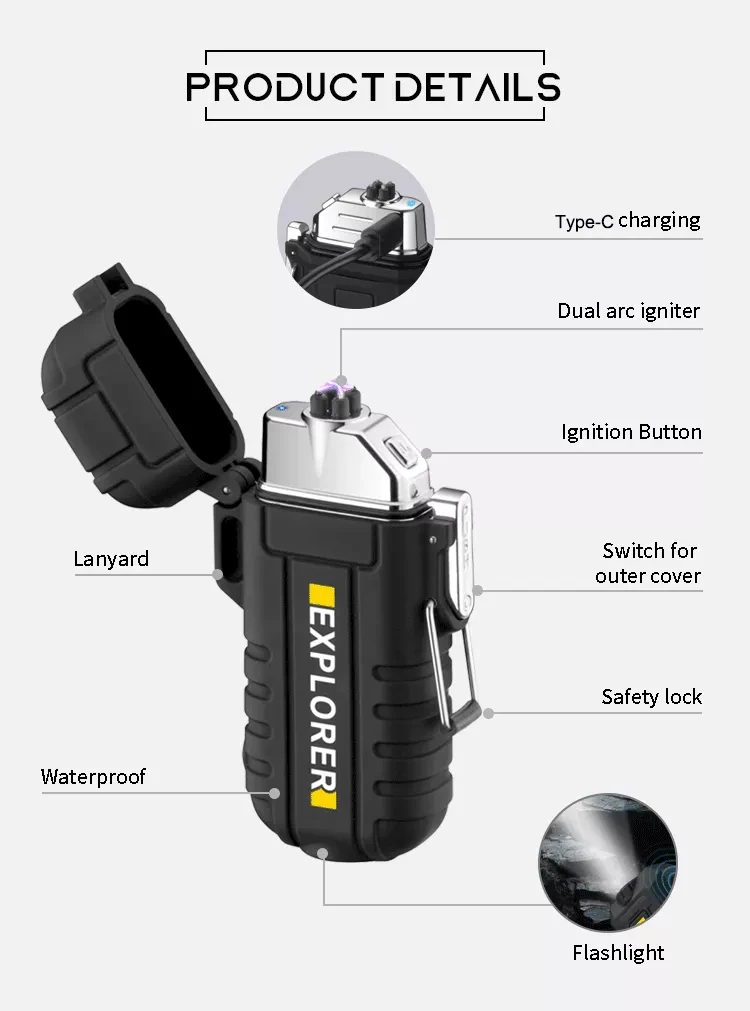 Survival Waterproof Plasma Lighter With Flashlight Custom Outdoor