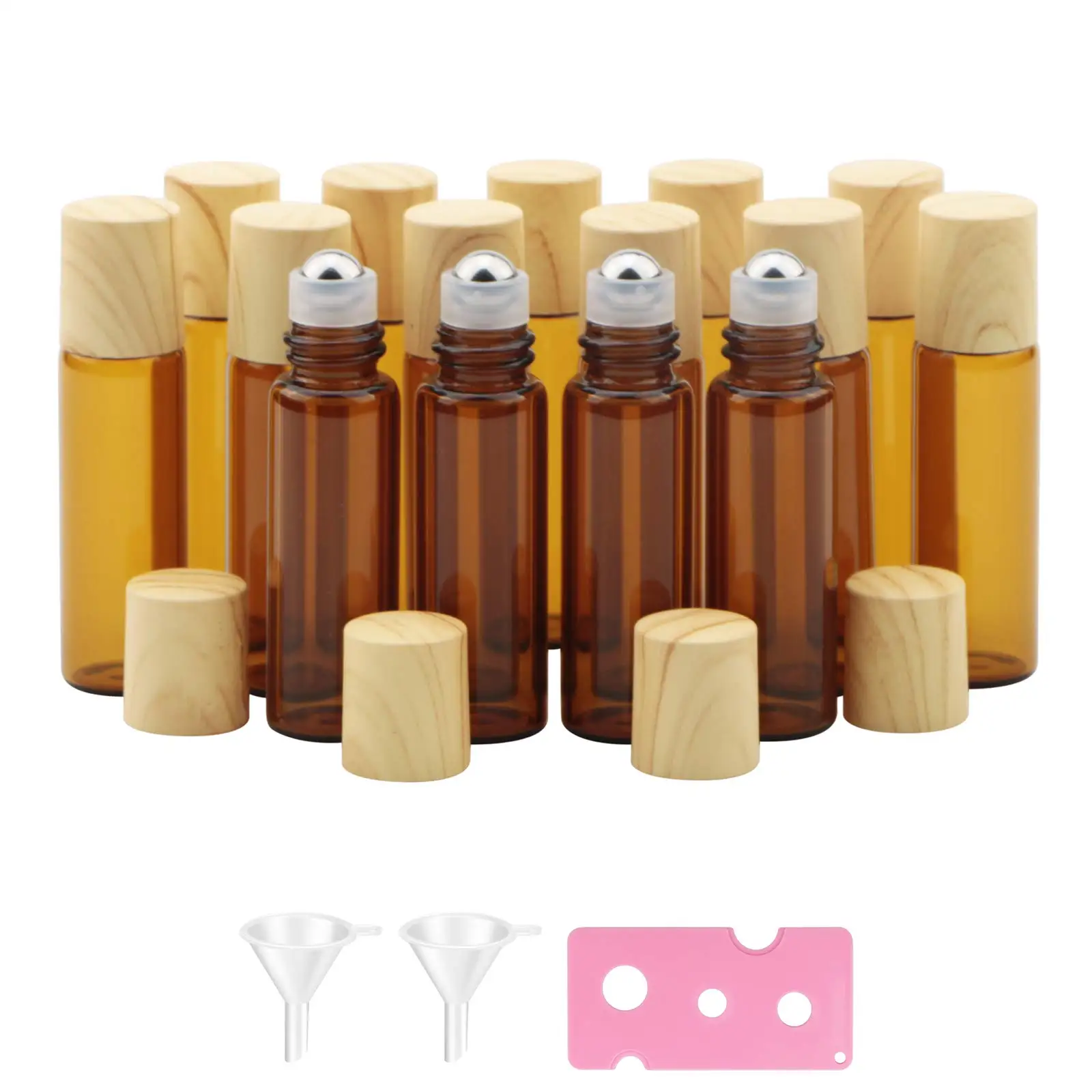 Oil Roller Bottle with Stainless Steel Roller Ball and Wood Grain Lid for Essential Oil Aromatherapy Perfume Cosmetic