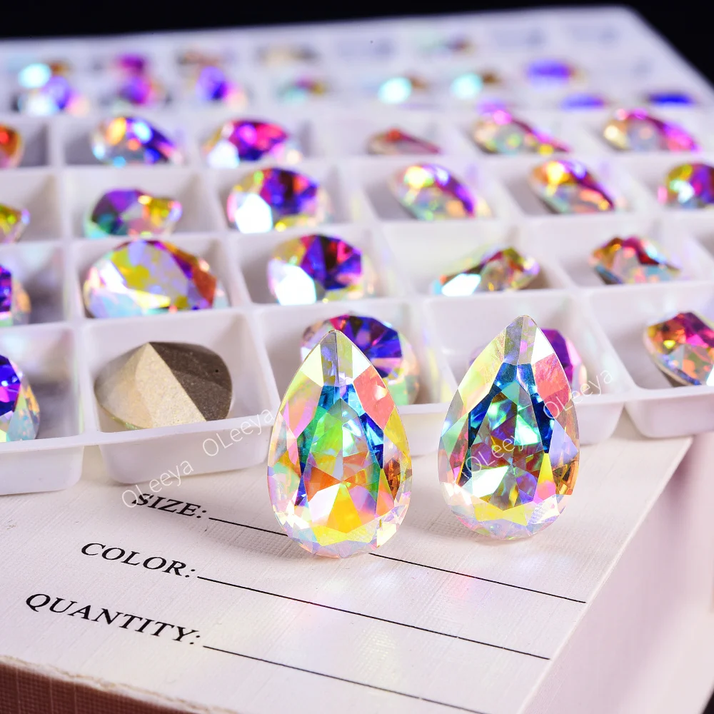 Oleeya Factory 13*18 Glass Teardrop Pointed Back Rhinestones Crystal Strass Pendant Gemstone in Bulk Designs for Garment