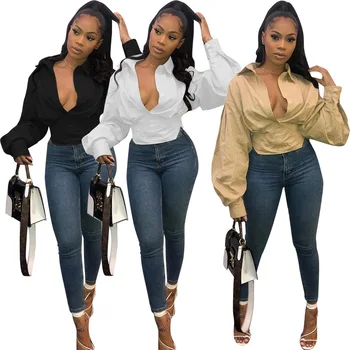 2021fall New Trendy Hot V-neck Plus Size Women Puff Sleeve Plain White Sexy Long Sleeve Crop Top Blouse Shirts