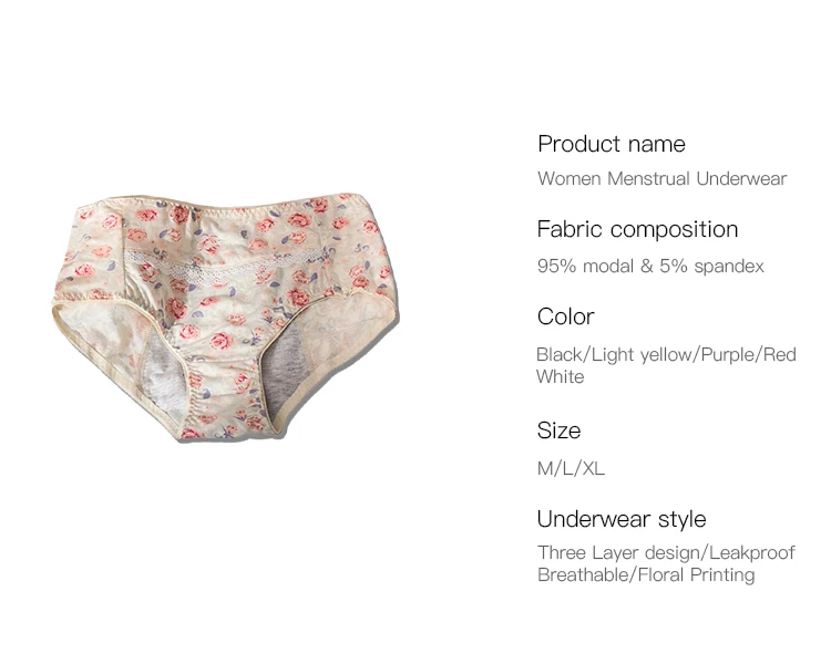 Floral Printing Leakproof Women Briefs Comfortable Mid-waist Menstrual ...