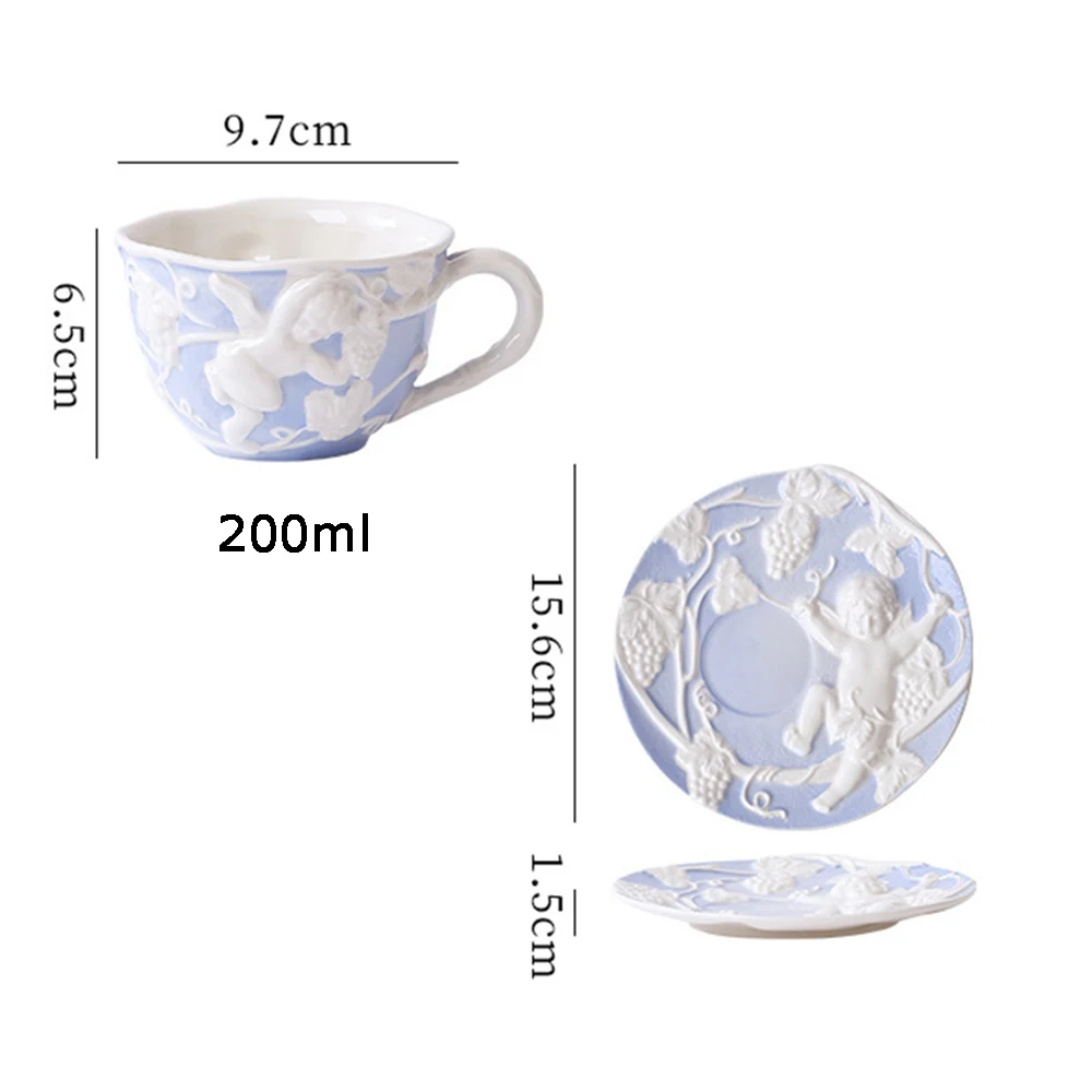 British 220ml Wholesale Angel Embossed Ceramic Coffee Cup With Saucer Vintage Britain Irregular Porcelain Coffee Mug Plate