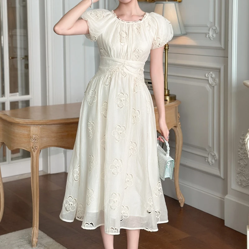 Zyht 45214 Wholesale 2026 Korean Chic White Puff Sleeve Floral Embroidered Midi Dress Natural Waist Woven A-line Chiffon Dress