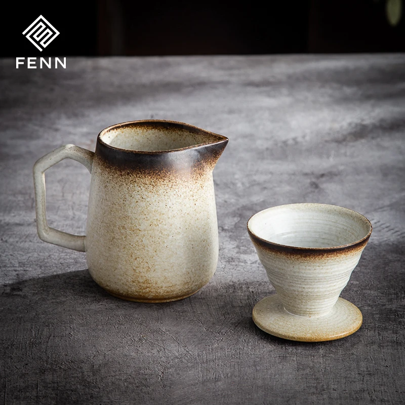Other Travel Coffee Maker 620ML Vintage Handmade Stoneware Coffee Pot Dripper Filter Ceramic Espresso Pour Over Coffee Maker