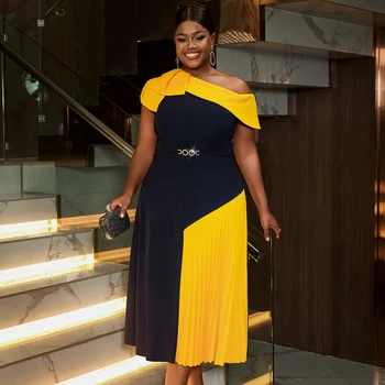 AM041029 One Shoulder Irregular Collar Contrast Color a Line Plus Size Midi Pleated Black Casual Dress with Belt