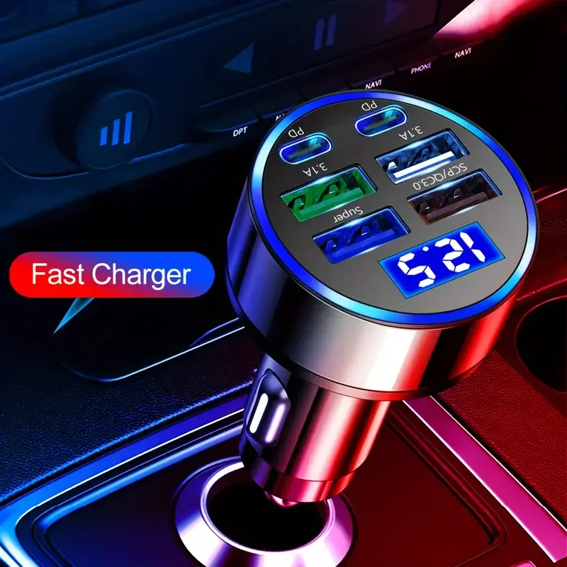 6-in-1 Car Charger with QC3.0 Fast Charge, USB Type-B, Matte Finish, Cigarette Lighter Powered