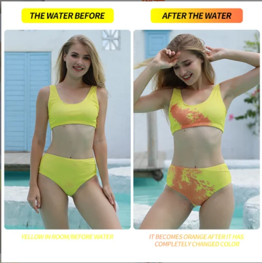 Customize Sexy Color Change  Bikini Set Two Pieces Swimming Temperature Sensitive Swimsuit Solid High Waisted Swimwear