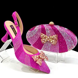 Banquet Plus Size Floral Bridal Shoes for Women Pointed Toe with Rhinestone Slip-On Closure Matched Water Bucket Handbag Set