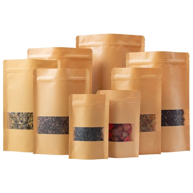 Biodegradable Recycled Customized Stand Up Pouches Dry Food Packaging Brown Kraft Paper Bags With Translucent Window