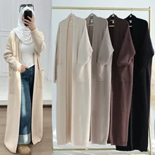 Hot Sell Winter Women Clothing Wool Polyester Sweater Islamic Clothing Cardigan Kimono Front Open Abaya with Pockets Black Abaya