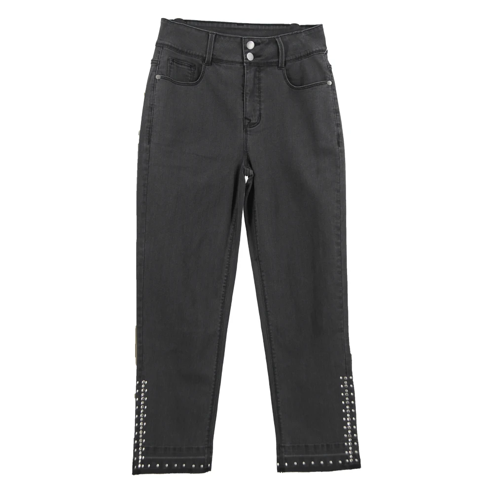 Women's High Waist Black Jeans with Studded Ankle Design Fashion Casual Slim Denim Pants