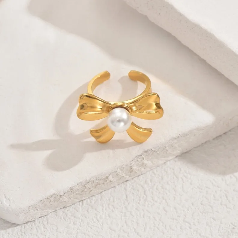 Elegant Simple Personalized Pearl-inlaid Design Adjustable 18k Gold Bow Ring for Pearl Setting Opening Finger Ring