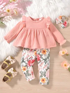 2026 New Baby Girl Pink Cotton Blend Doll Shirt Floral Pants Headband Leisure Three-piece Set