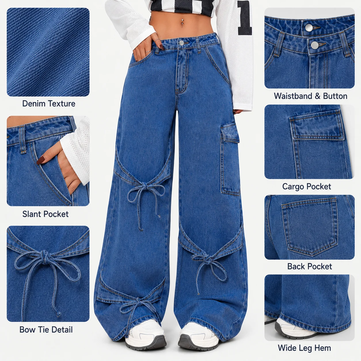Ssy American Style Bow Tie Overalls Denim Jeans Women's Casual Summer Straight-leg Plus-size Women's Trousers