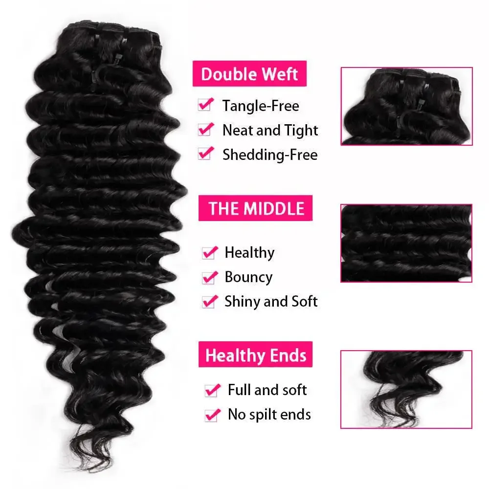 26 Inch Deep Water Wave Clip In Hair Extensions 100% Real Human Hair Natural Black Color_voghion.com