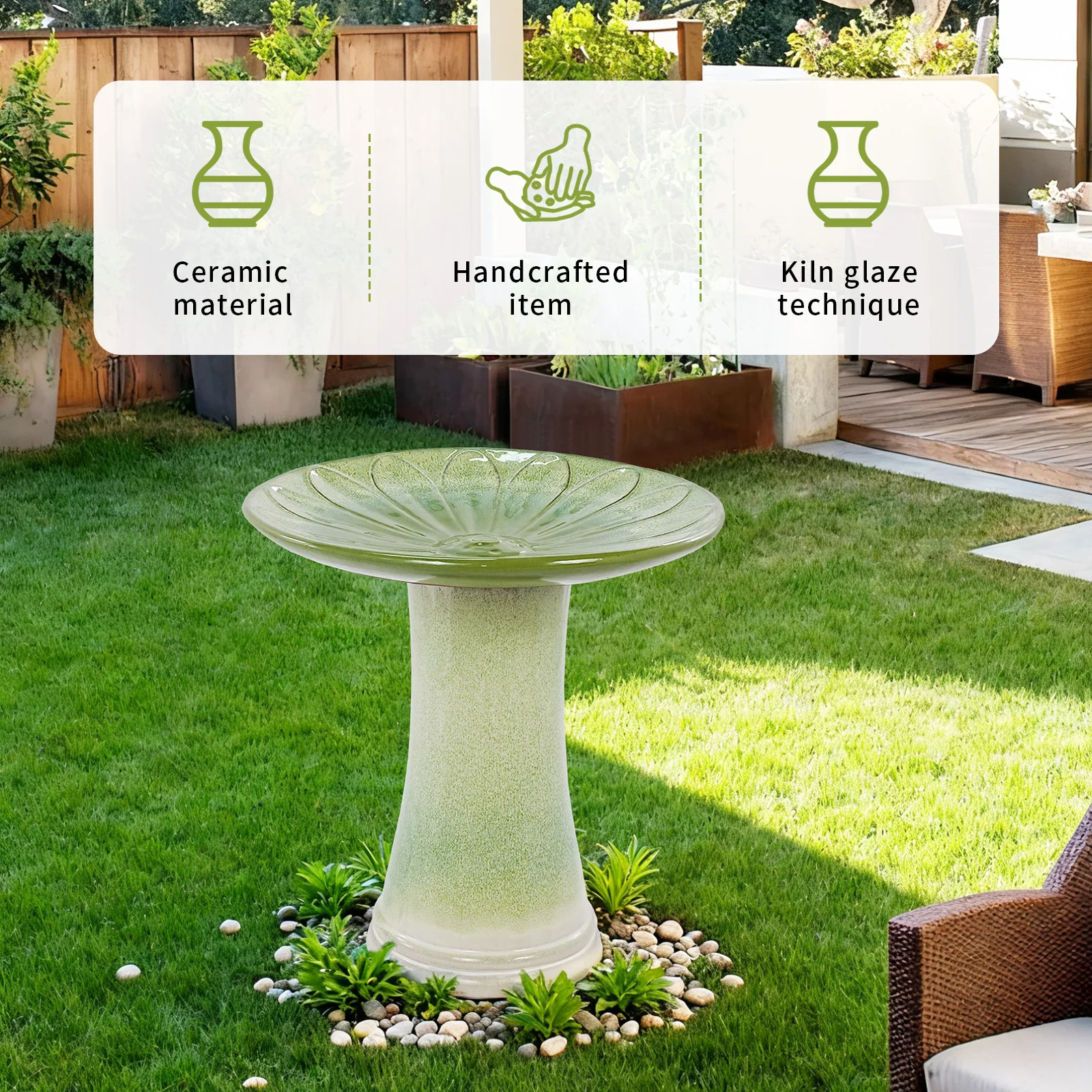 Handmade 16.93-Inch Diameter 18.11-Inch Height Green Gradient Glaze Ceramic Bird Bath for Outdoor Garden Birds Backyard Birding - Image 6