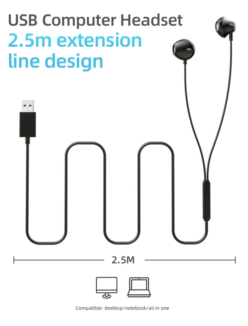 Computer Earphone USB Wired Earbuds 2.5M USB Headset Gaming Headphones Connect with Mic and Volume Control