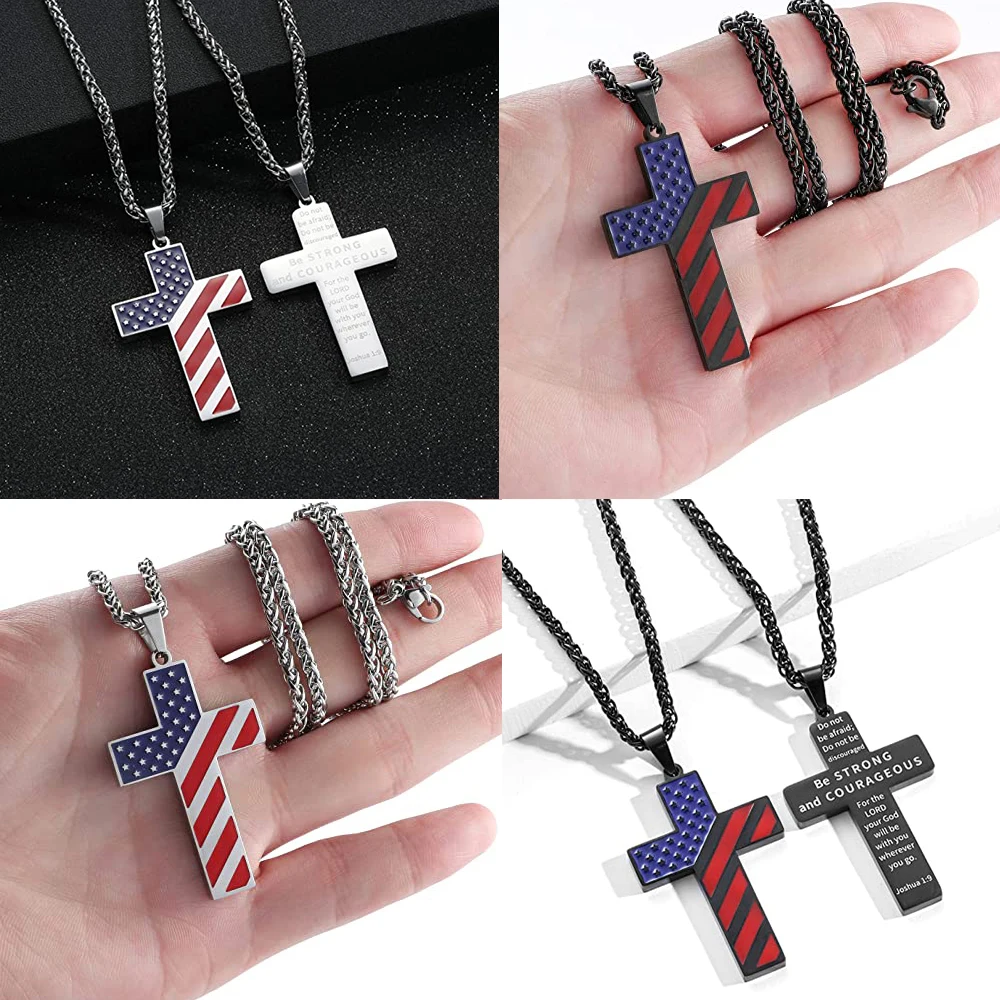 Personalized American Flag Patriotic Cross Necklace Christian Religious Bible Verse Pendant Jewelry for Men Women Memorial Gift