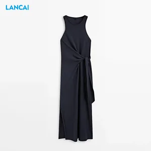 Hot Sale Spring Summer Black Crew Neck Sleeveless Casual Sexy Bodycon Dress  Knit Slit Dress Women