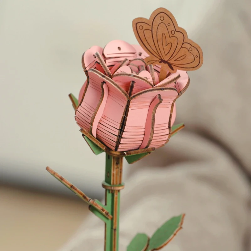 Robotime Rolife Home Decoration Miniature Toys TW041 Pink Rose Flower Model  Wooden Bloom Craft DIY 3D Puzzles