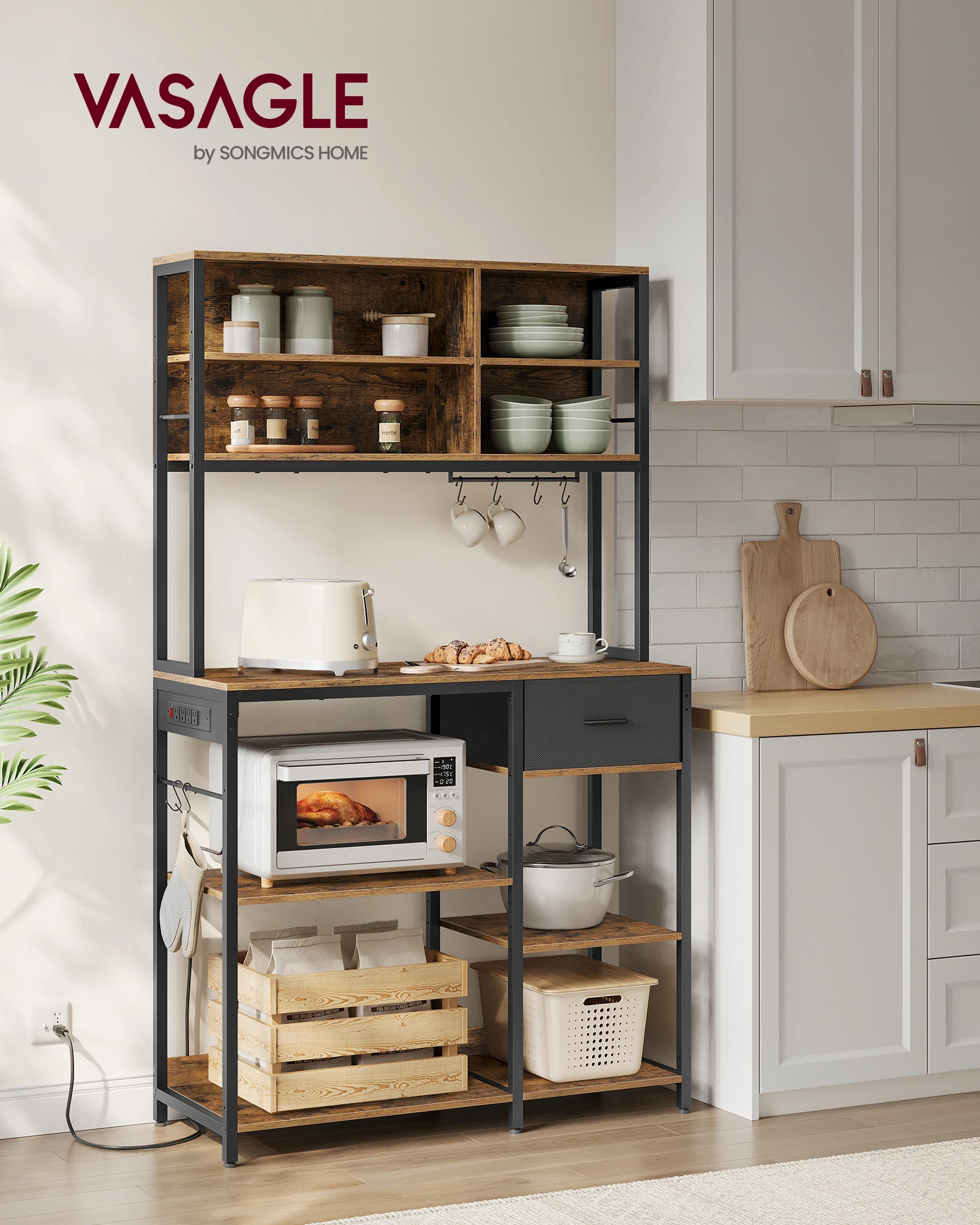 VASAGLE 12 Hooks Coffee Bar Stand with Adjustable Storage Shelves Bakers Rack with Drawer