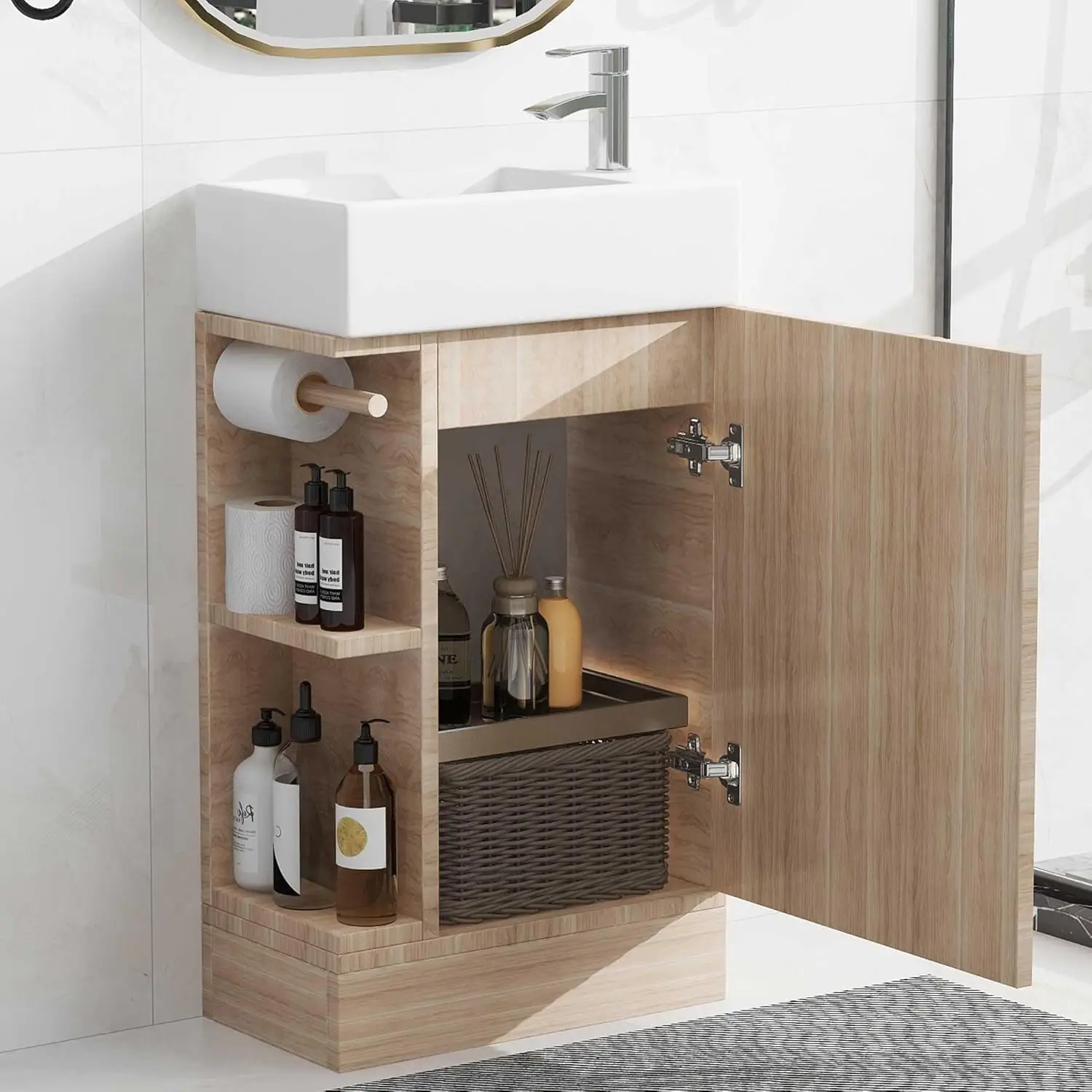 Modern Minimalist Floor Mounted Vanity Set Ceramic Sink Combination Waterproof MDF Bathroom Cabinet with Ceramic Basin