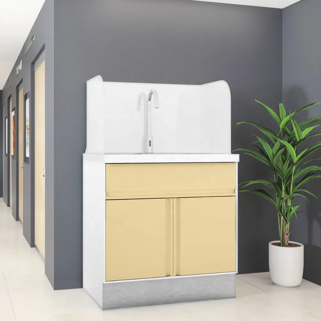 Modern Stainless Steel Hospital Splash Zone Utility Cabinet 800mm Slope Drain Anti-Microbial Surface Clinic Hand Hygiene Station 4